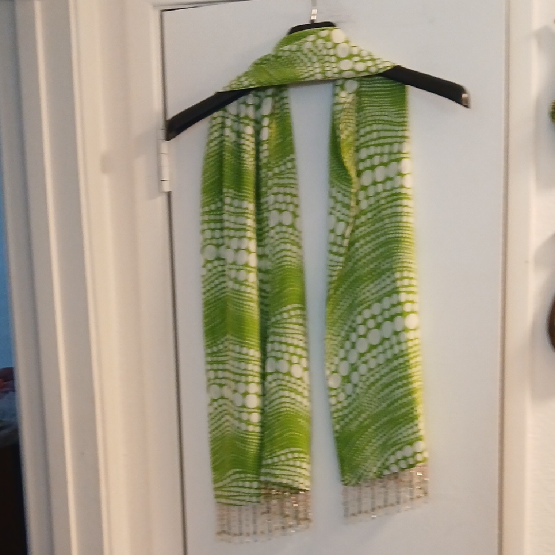 Green Patterned Scarf With Beaded Fringe Silk